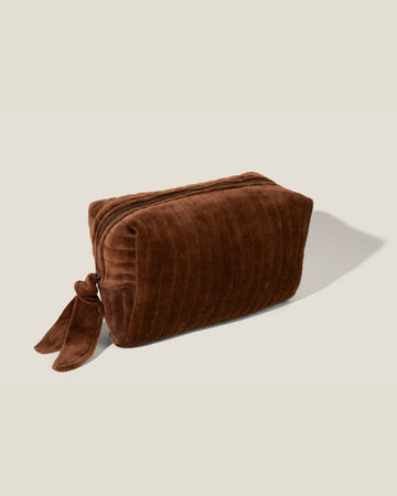 Brown Velvet Beauty Bag - Cosmetic Storage Pouch with Fabric Bow Pull Tab