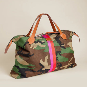 XL Camo Bag – Tan Leather Handles with Bold Pink & Red Stripe