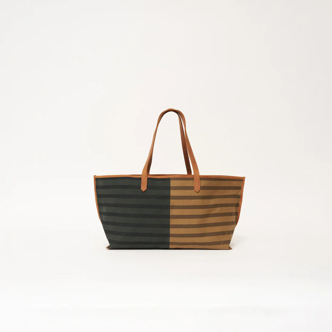 Neutral Split Stripe Daily Tote with Faux Leather Accents