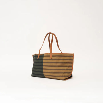 Neutral Split Stripe Daily Tote with Faux Leather Accents
