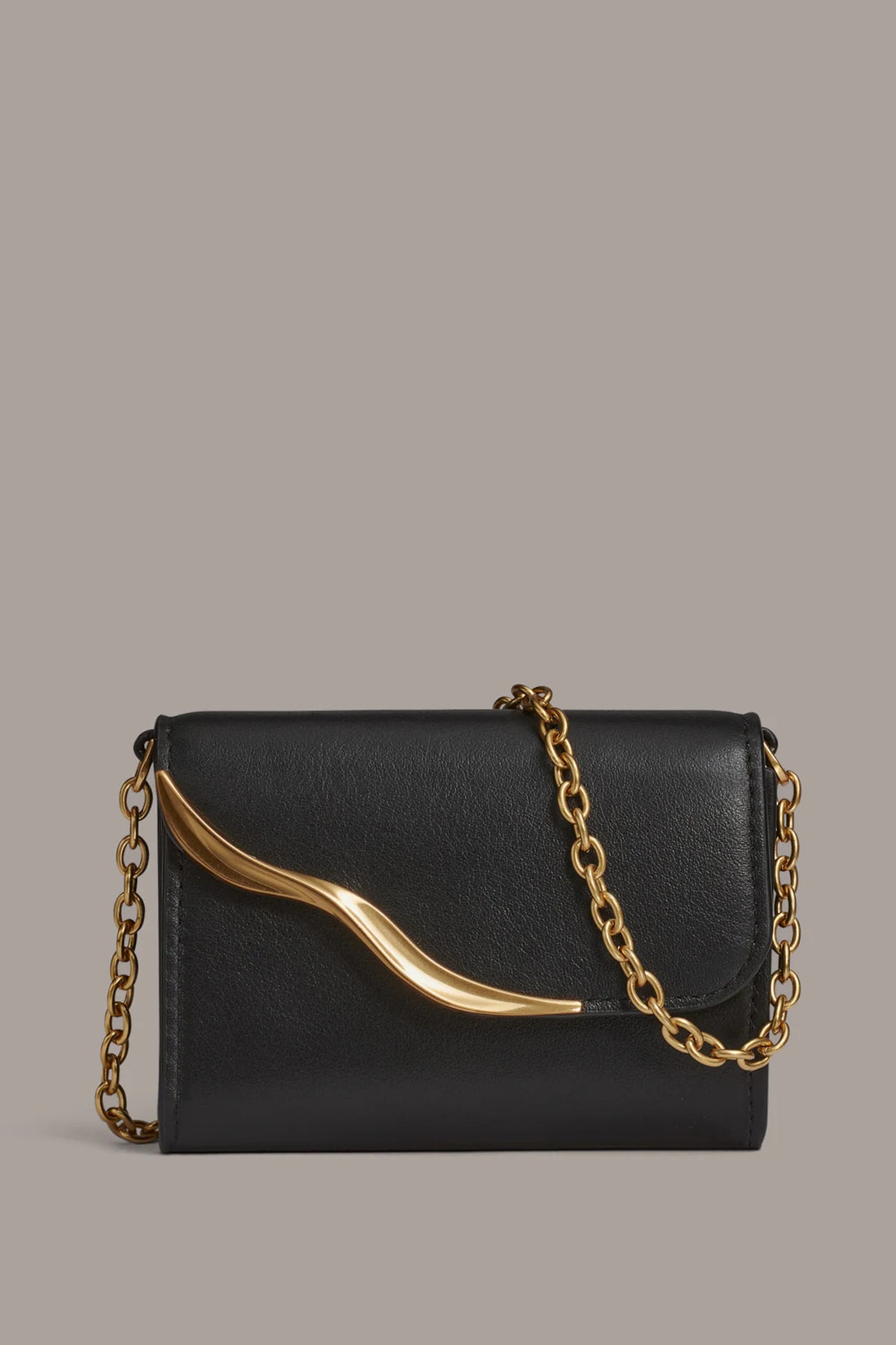 Black Mini Flap Crossbody Bag – Smooth Leather Body with Curved Gold Chain Hardware