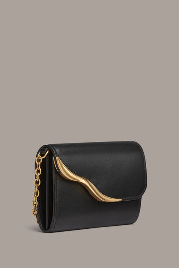 Black Mini Flap Crossbody Bag – Smooth Leather Body with Curved Gold Chain Hardware