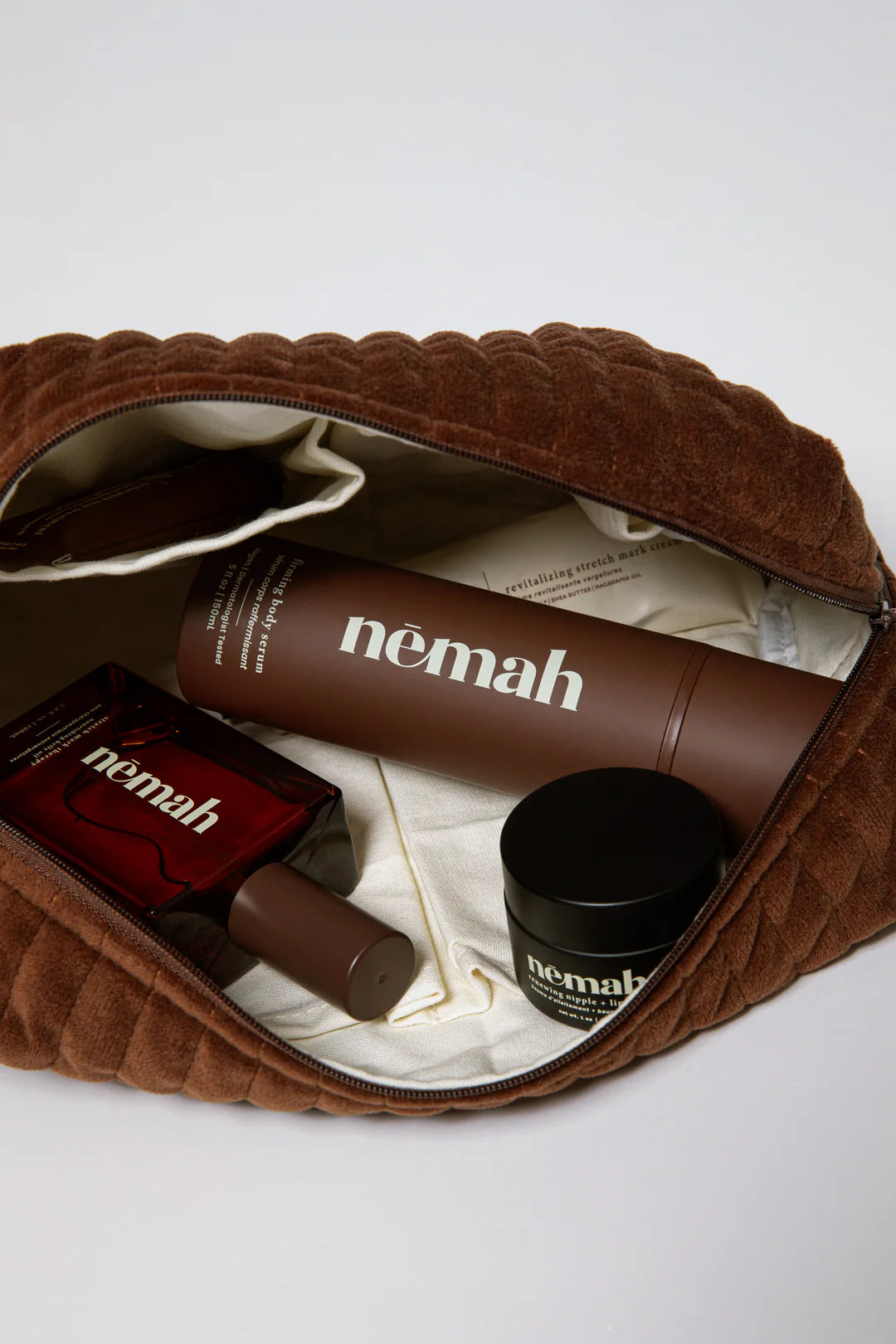 Brown Velvet Beauty Bag - Cosmetic Storage Pouch with Fabric Bow Pull Tab