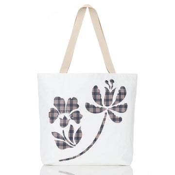 White Plaid Floral Print Tote Bag – Soft Fabric Shoulder Straps, Daily Casual Carryall