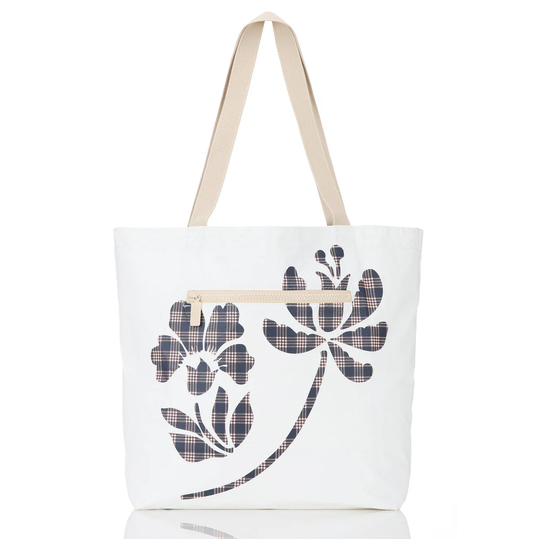 White Plaid Floral Print Tote Bag – Soft Fabric Shoulder Straps, Daily Casual Carryall