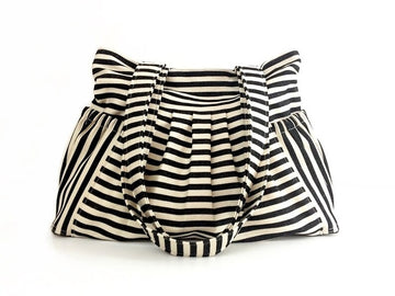 Cream Black Striped Gathered Tote Bag - Daily Tote Bag with Faux Leather Snap Hardware