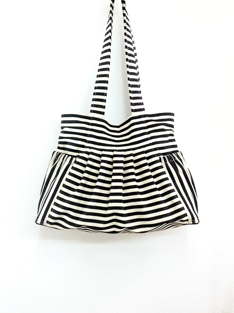 Cream Black Striped Gathered Tote Bag - Daily Tote Bag with Faux Leather Snap Hardware