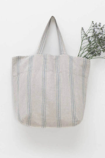 Natural Beige Thin Blue Stripe Slouchy Shoulder Bag - Oversize Market & Beach Daily Tote Bag