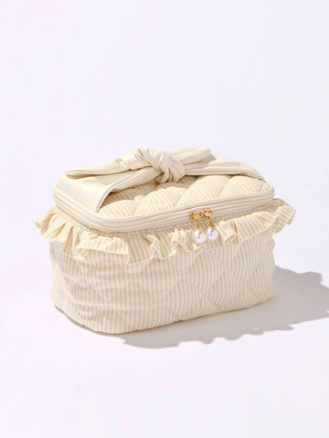 Ivory Ruffled Cosmetic Bag - Makeup Organizer with Faux Leather Bow for Daily Use