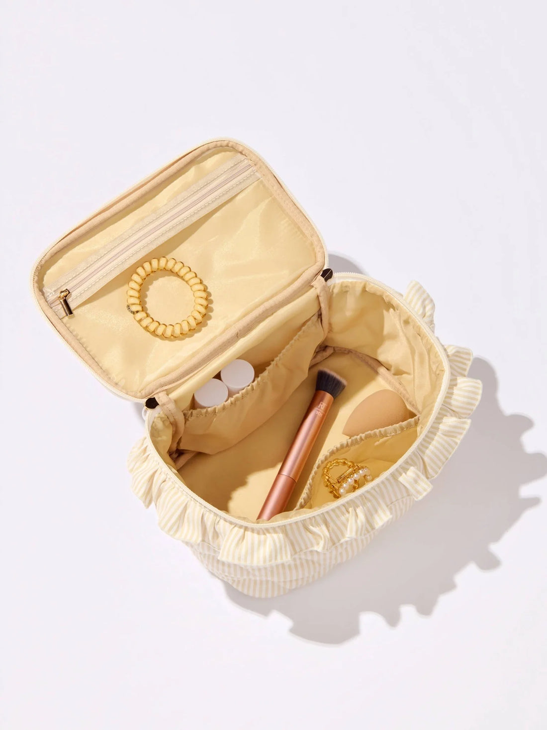 Ivory Ruffled Cosmetic Bag - Makeup Organizer with Faux Leather Bow for Daily Use