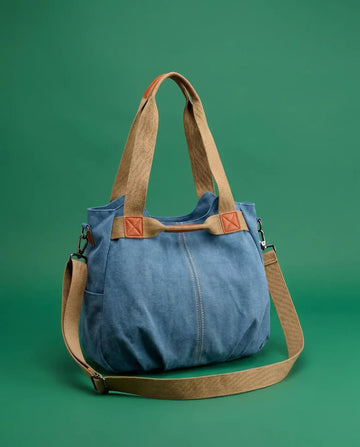 Multi-Tone Ruched Canvas Shoulder Bag - Daily Hand & Crossbody Bag with Patch Accents